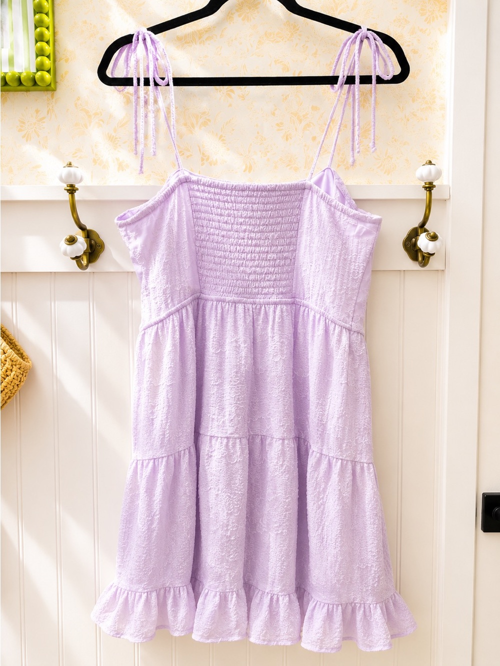Wild Fable Lavender Textured Tie Strap Tiered Mini Dress | Large - Picture 3 of 4